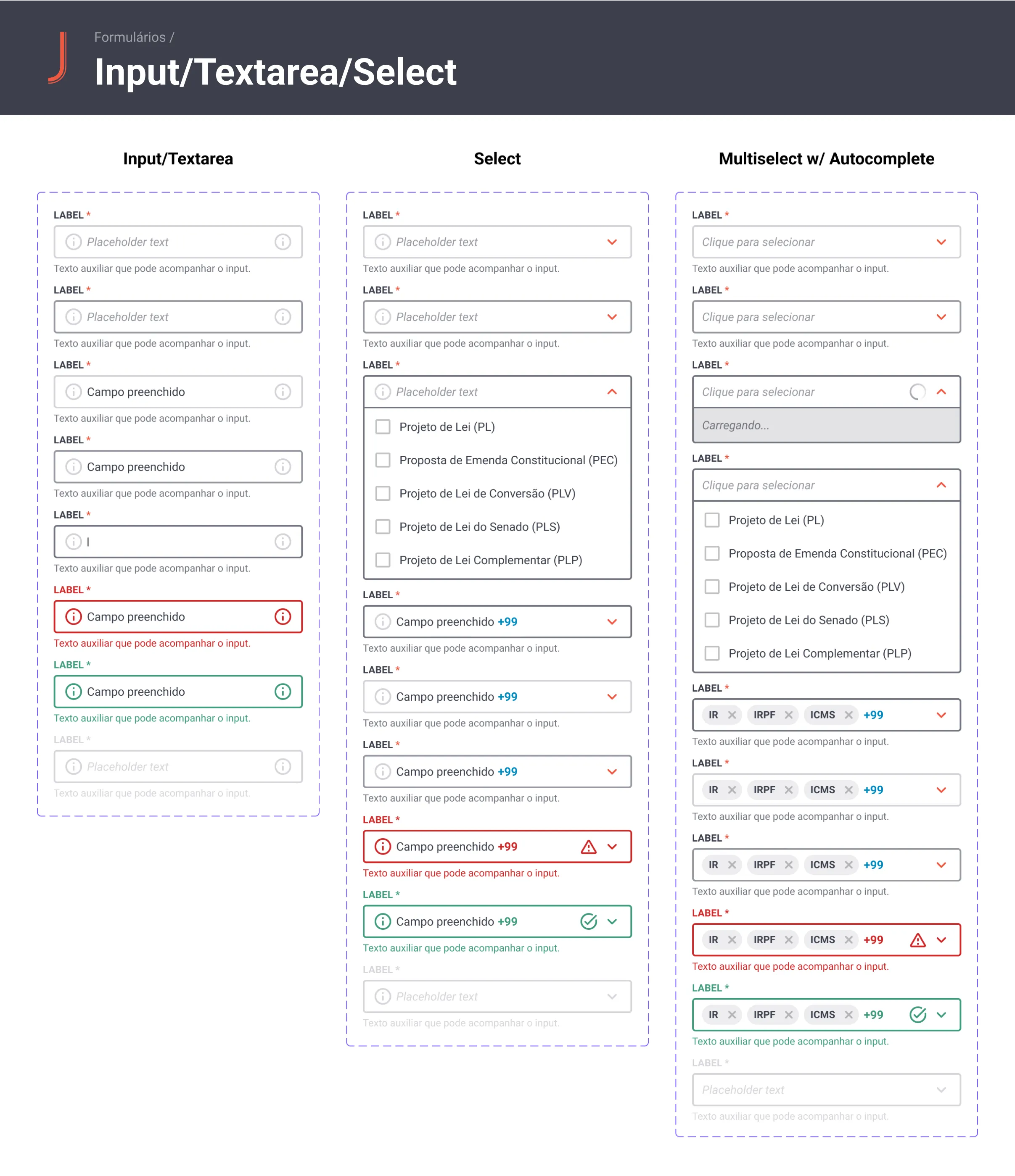 The input, textarea and input with autocomplete components and all their variants