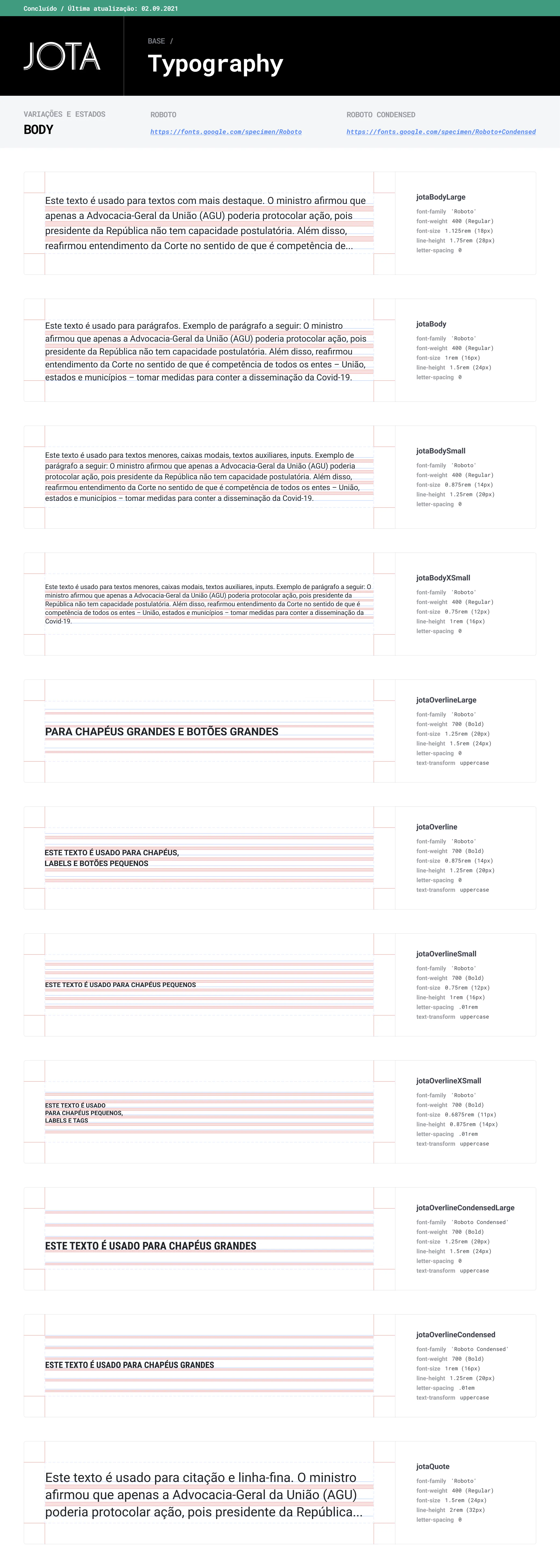 Type scale for headings, body styles